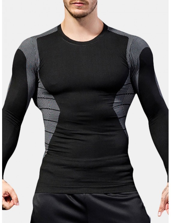 Mens Traning Elastic Quick-drying Breathable Sports Fitness Tights Long Sleeve T Shirt