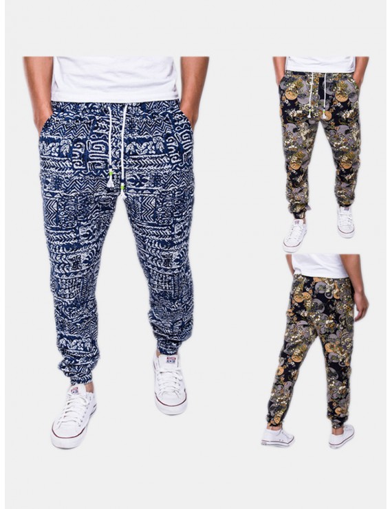 Mens Ethnic Style Printed Drawstring Elastic Waist Slim Fit Casual Fitness Running Pants