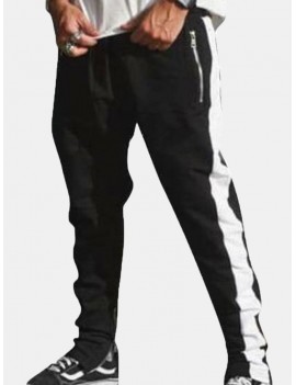 Mens Zipper Decorative Elastic Waist Stitching Color Slim Fit Casual Jogger Pants