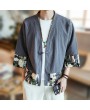 Men Printing Short Sleeve V Neck Loose Cotton Linen Coat