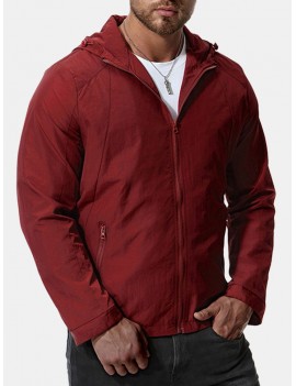 Mens Pure Color Autumn Hooded Zipper Up Pockets Cotton Jackets