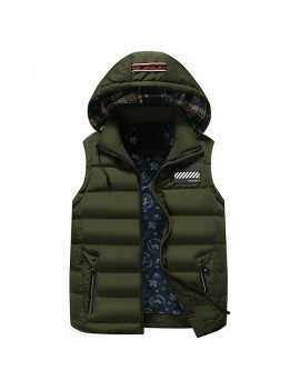 Warm Striped Cotton Detachable Hooded Zipper Pockets Vest for Men