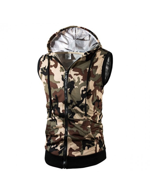 Mens Summer Camo Printed Casual Tank Tops Stylish Sleeveless Hooded Vest