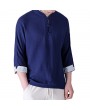 Mens Chinese Style Cotton Linen Retro Solid Color V Neck Summer Thin Archaic T Shirts