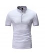 Mens Stand Collar Button Design T Shirts Solid Color Short Sleeve Casual Cotton Tops