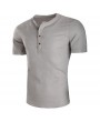 Mens Button Design T Shirts Stand Collar Solid Color Short Sleeve Casual Linen Tops