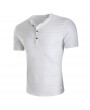 Mens Button Design T Shirts Stand Collar Solid Color Short Sleeve Casual Linen Tops