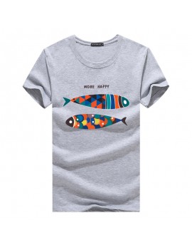 Mens Fish Printed O-neck Short Sleeve Summer Casual T Shirts