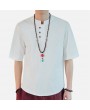 Mens Chinese Style Cotton Linen Short-sleeved T-shirts Vintage Breathable Tops