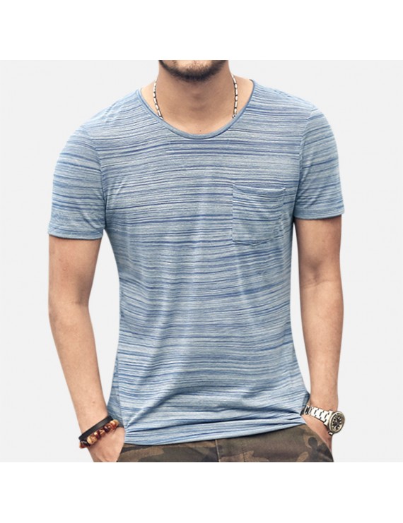 Mens Basic Breathable Striped Chest Pocket Casual Loose Brief T-shirt