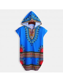 Mens National Style Printing Hooded Short Sleeve Casual Mid-long Hoodies T shirt