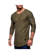 Mens Breathable Solid Color Irregular Hem Zipper O-neck Long Sleeve Slim Casual T Shirts