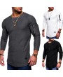 Mens Breathable Solid Color Irregular Hem Zipper O-neck Long Sleeve Slim Casual T Shirts