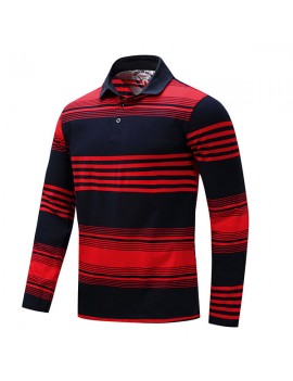 Mens Fashion Stripe Color Long Sleeve Lapel Collar Cotton Casual Golf Shirt