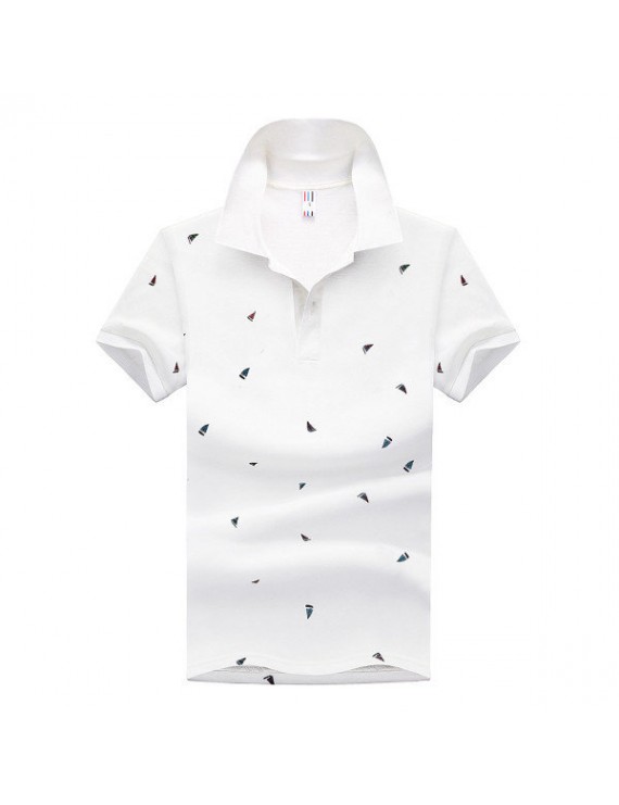 Summer Mens Short Sleeved Turndown Collar Sailing Boats Printing Golf Shirt