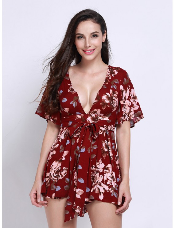 Women Sexy Vintage Floral Print V Neck Playsuit