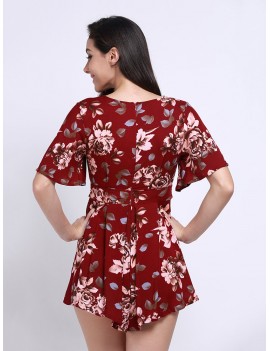 Women Sexy Vintage Floral Print V Neck Playsuit