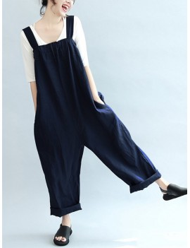 Vintage Pure Color Sleeveless Side Pocket Long Jumpsuits