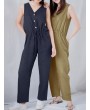 Sleeveless Harem Drawstring V Neck Button Jumpsuit