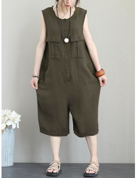 Pockets Button Solid Color Sleeveless Jumpsuit