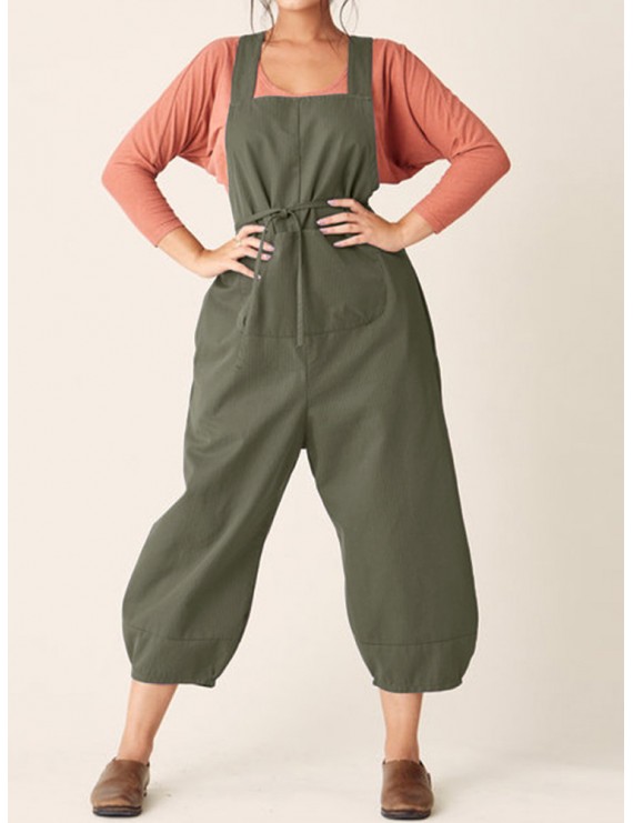 Bib Cargo Pocket Drawstring Overalls Jumpsuit