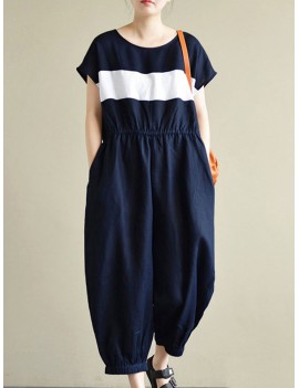 Stripe Casual Overalls Bib Cargo Pants Short Sleeve Long Jumpsuits