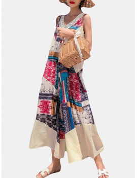 Folk Style Print Patchwork Wide Leg Jumpsuit For Women