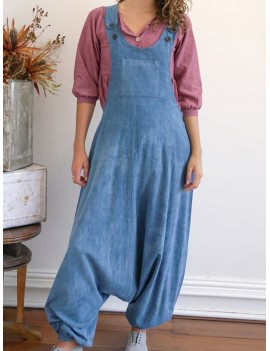 Drop Crotch Solid Color Button Pocket Casual Jumpsuit