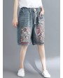 Ethnic Print Patchwork Drawstring Waist Jeans For Women