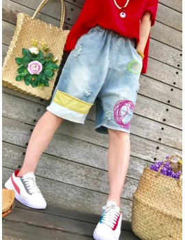 Embroidery Elastic Waist Wide Leg Shorts Denim