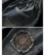 Patch Elastic Waist Embroidery Distressed Denim