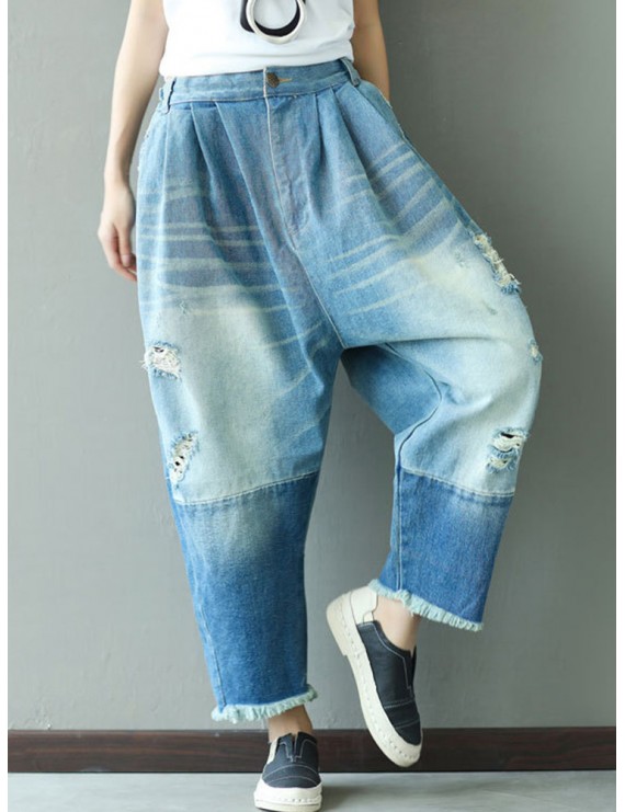 Patchwork Solid Color Ripped Harem Jeans For Women