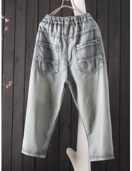 Embroidery Harem Elastic Waist Casual Jeans