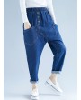 Button Solid Color Elastic Waist Casual Harem Denim