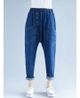 Button Solid Color Elastic Waist Casual Harem Denim