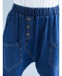 Button Solid Color Elastic Waist Casual Harem Denim