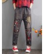 Embroidery Floral Elastic Waist Harem Casual Denim