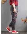 Embroidery Floral Elastic Waist Harem Casual Denim