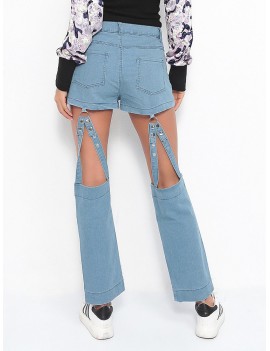 Hollow Solid Color High Waist Jeans For Women