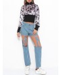 Hollow Solid Color High Waist Jeans For Women