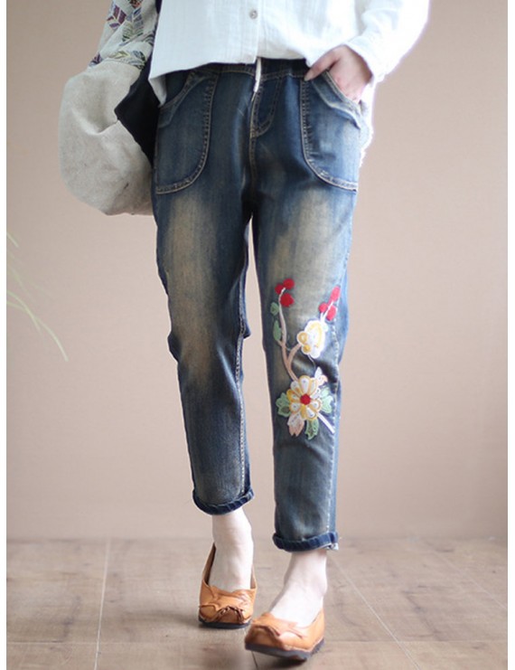 Vintage Embroidered Elastic Waist Pockets Denim