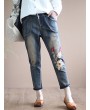 Vintage Embroidered Elastic Waist Pockets Denim