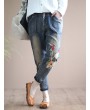 Vintage Embroidered Elastic Waist Pockets Denim