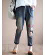 Vintage Embroidered Elastic Waist Pockets Denim