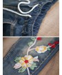 Vintage Embroidered Elastic Waist Pockets Denim