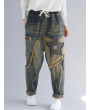 Embroidery Patchwork Elastic Waist Harem Denim