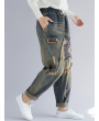 Embroidery Patchwork Elastic Waist Harem Denim